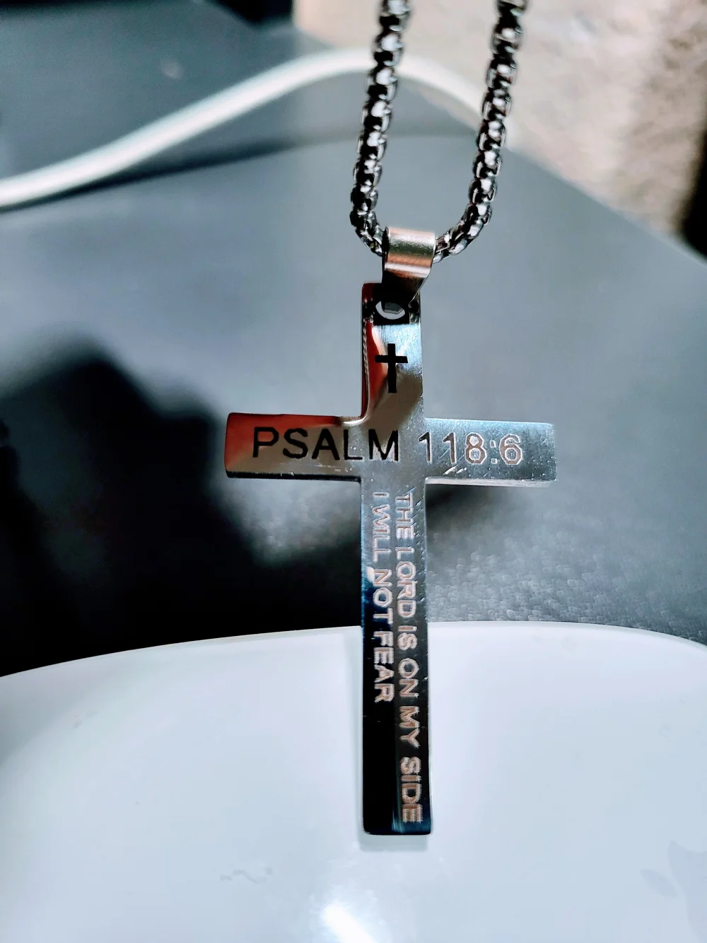 Psalm 118:6 Stainless Steel Cross Pendant Necklace - Silver